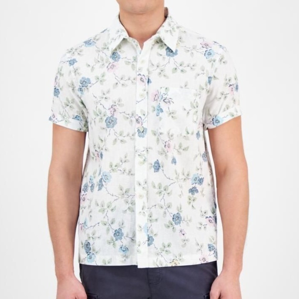 Sun + Stone Mens Clyde Floral Linen Blend Short Sleeve Shirt Sea Mineral XXL NEW